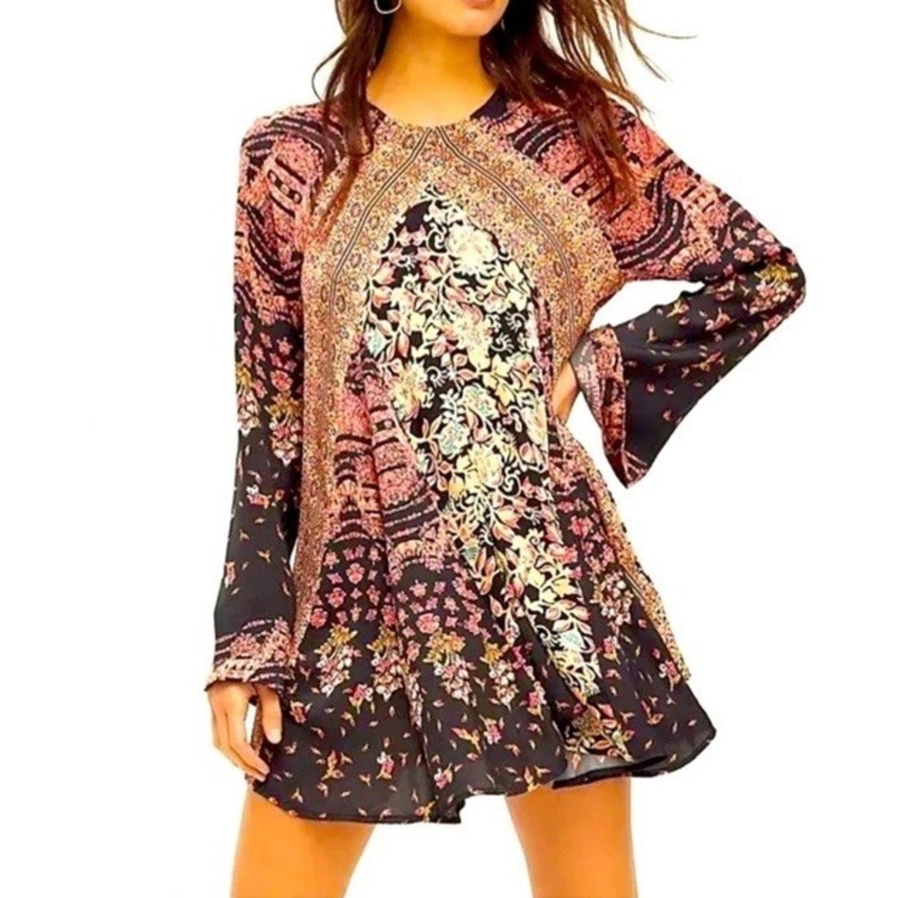 Free People Stevie Dress Floral Boho Festival Printed Mini Tunic Bell Sleeves XS - Picture 2 of 11